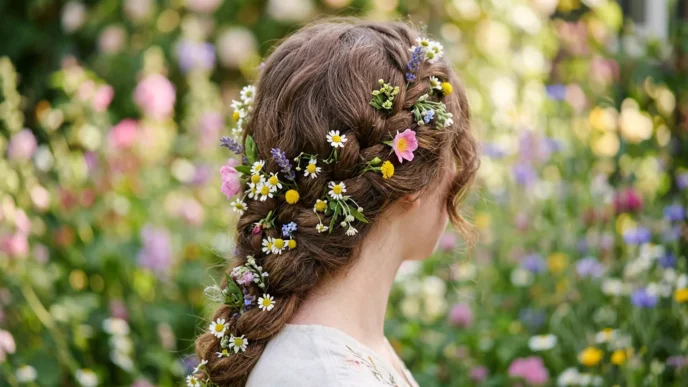 Woman's hair adorned with small wildflowers in garden setting with soft natural light and romantic styling