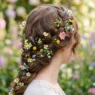 Woman's hair adorned with small wildflowers in garden setting with soft natural light and romantic styling
