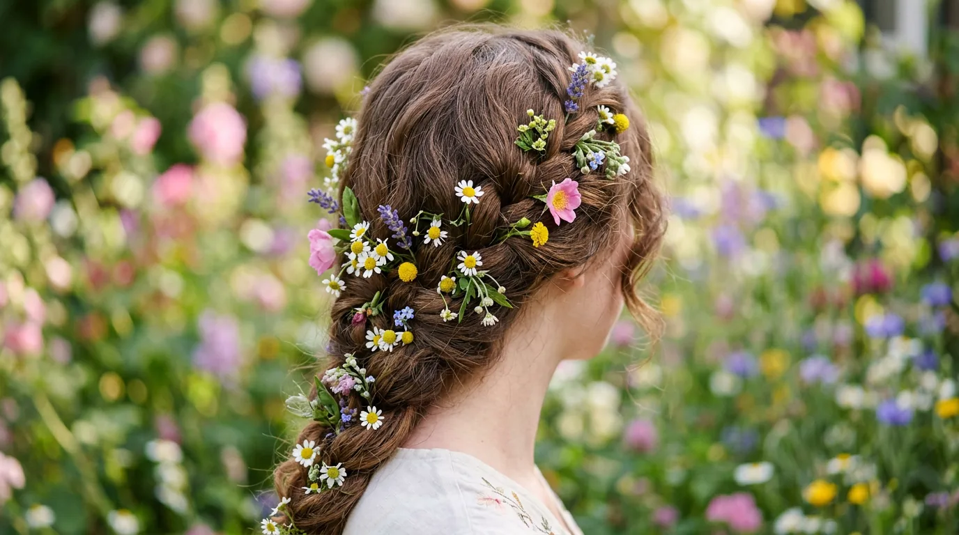 Woman's hair adorned with small wildflowers in garden setting with soft natural light and romantic styling