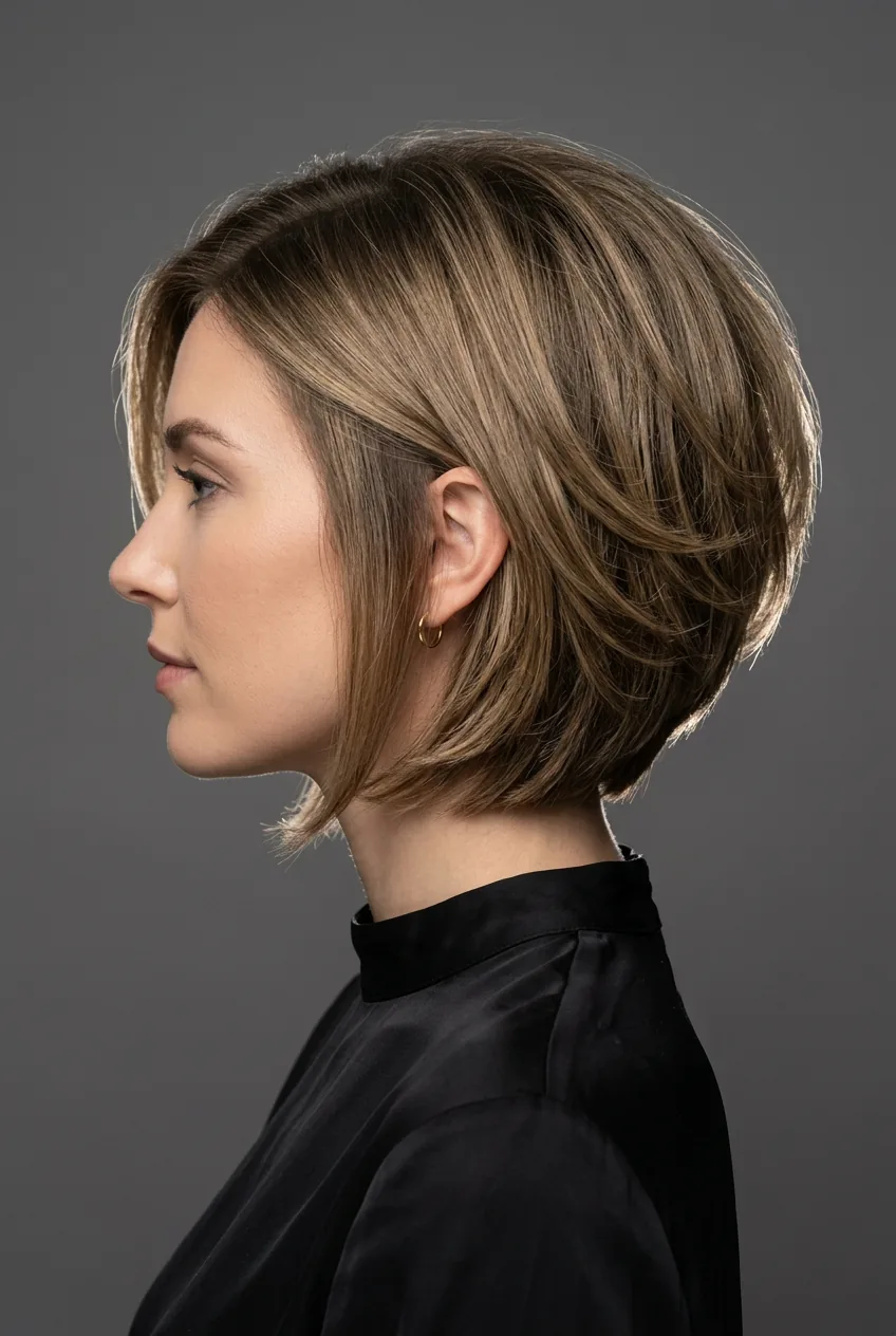 Woman with stacked bob featuring volume-building layers and graduated shape in side profile view