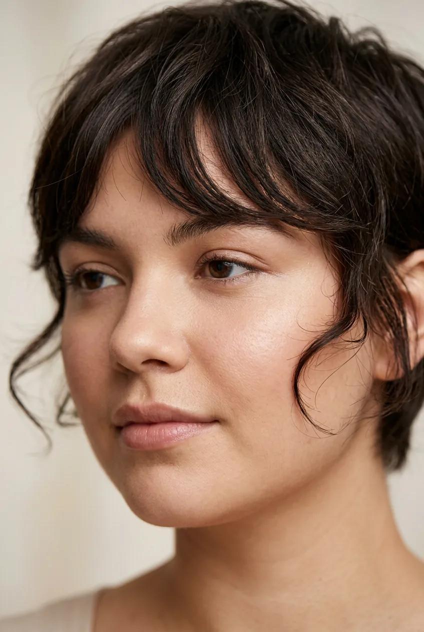 Strategic hair length placement above chin level on woman with round facial features