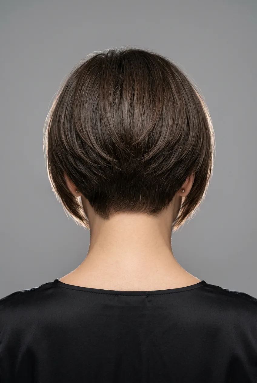 Woman with heavily structured layered bob showing perfectly placed geometric layers throughout