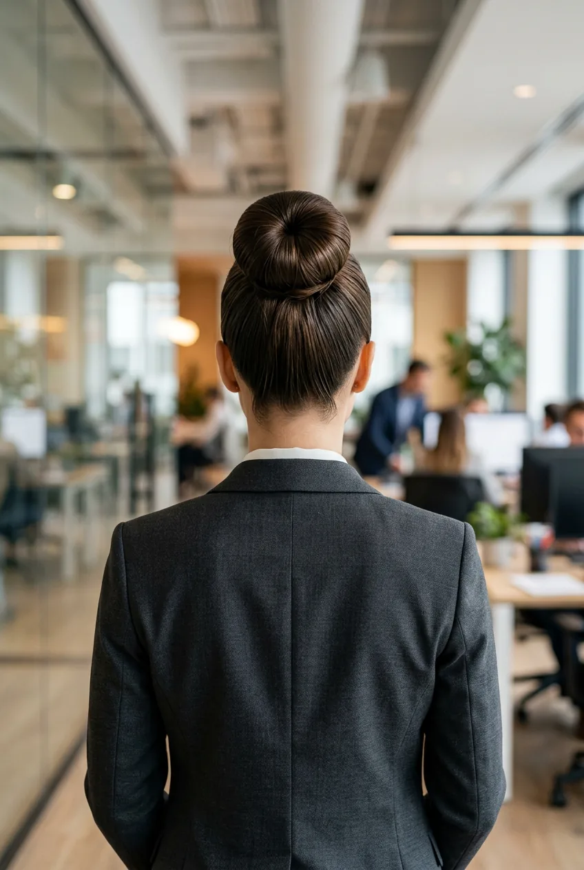 Perfectly structured high bun showing business precision and authoritative styling