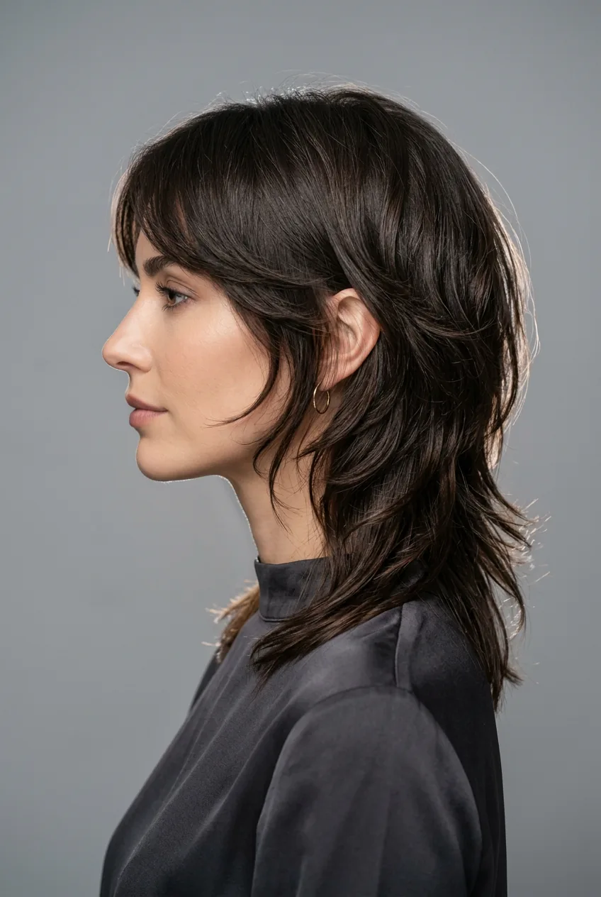 Woman with structured shag haircut featuring polished layers and manageable proportions