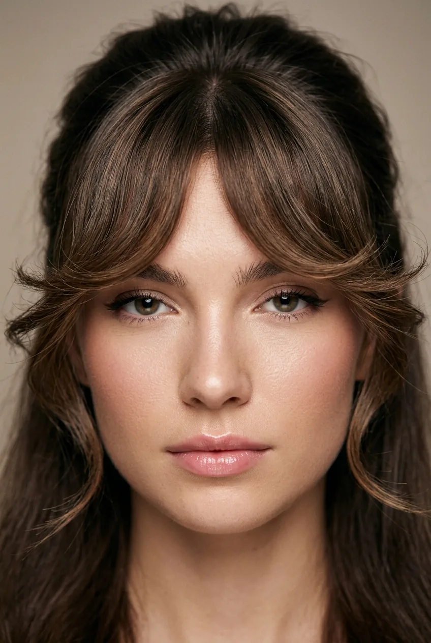 Perfectly styled butterfly bangs with outward C-curve movement framing the face