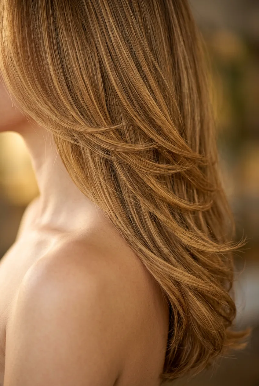 Professionally styled long layered hair with smooth layer maintenance and polished finish