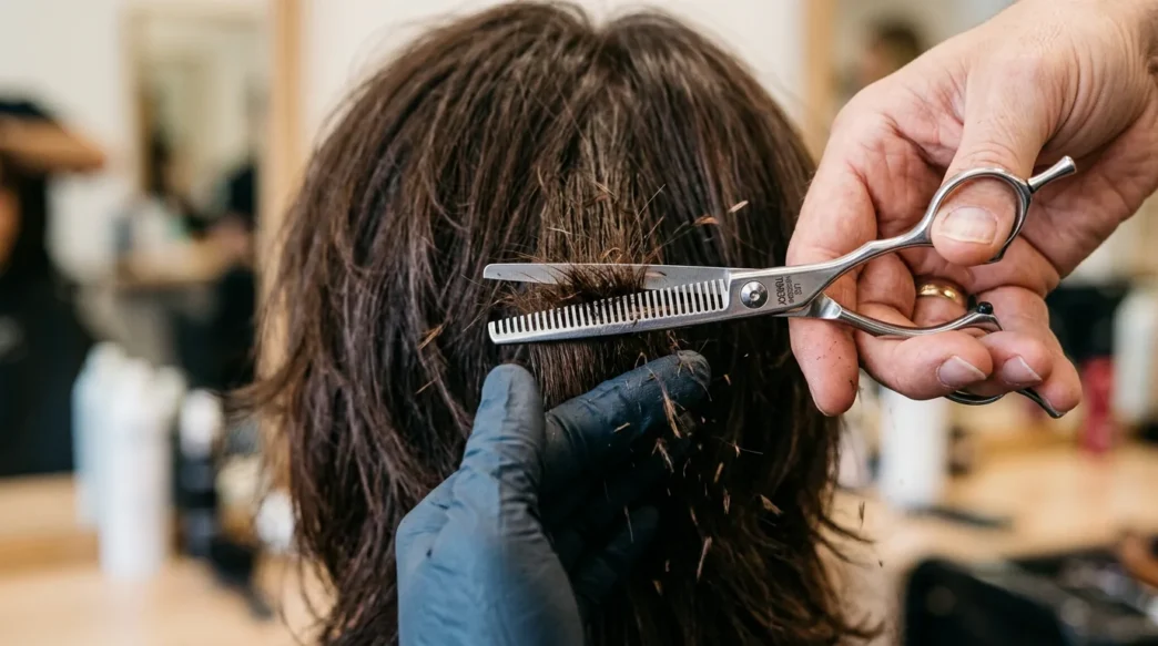 Professional stylist's hands using thinning shears on layered hair with fragments falling during precise cutting technique