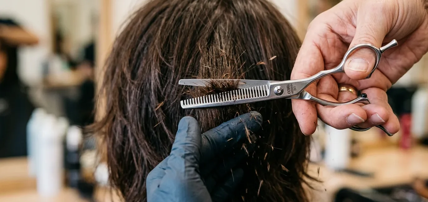 Professional stylist's hands using thinning shears on layered hair with fragments falling during precise cutting technique
