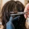 Professional stylist's hands using thinning shears on layered hair with fragments falling during precise cutting technique