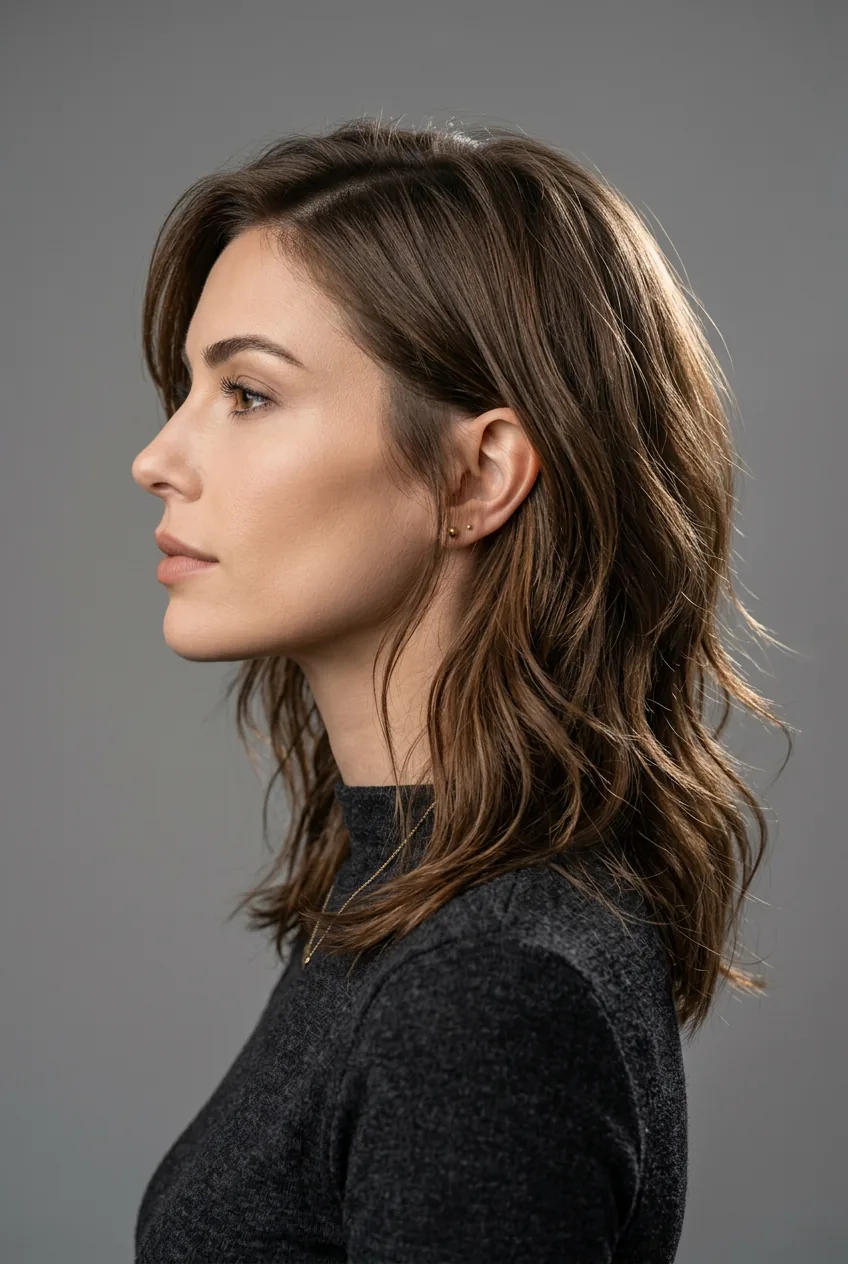 Woman with subtle layered shag haircut displaying gentle movement and soft texture