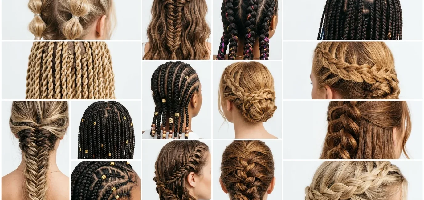 Multiple summer braid styles arranged in editorial collage showcasing various braiding techniques and textures