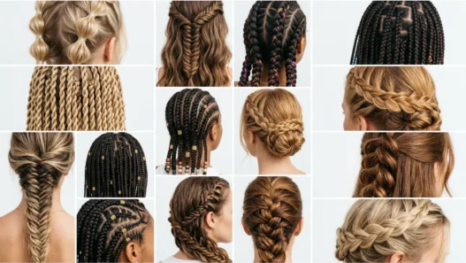 Multiple summer braid styles arranged in editorial collage showcasing various braiding techniques and textures