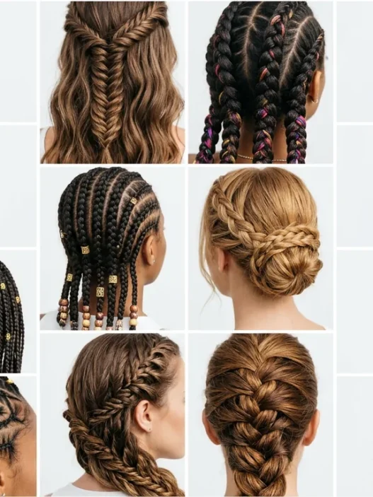 Multiple summer braid styles arranged in editorial collage showcasing various braiding techniques and textures