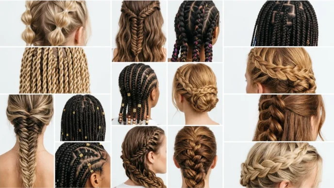 Multiple summer braid styles arranged in editorial collage showcasing various braiding techniques and textures