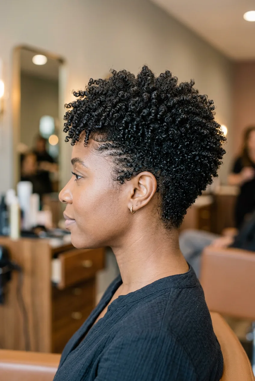 Woman with tight coil pattern hair in tapered natural cut with gradual length variation