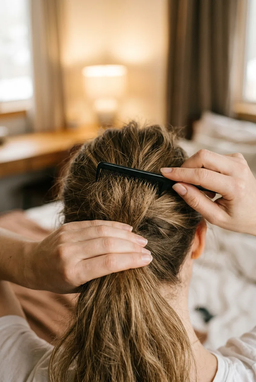 Hands demonstrating hair teasing technique at crown before creating messy ponytail