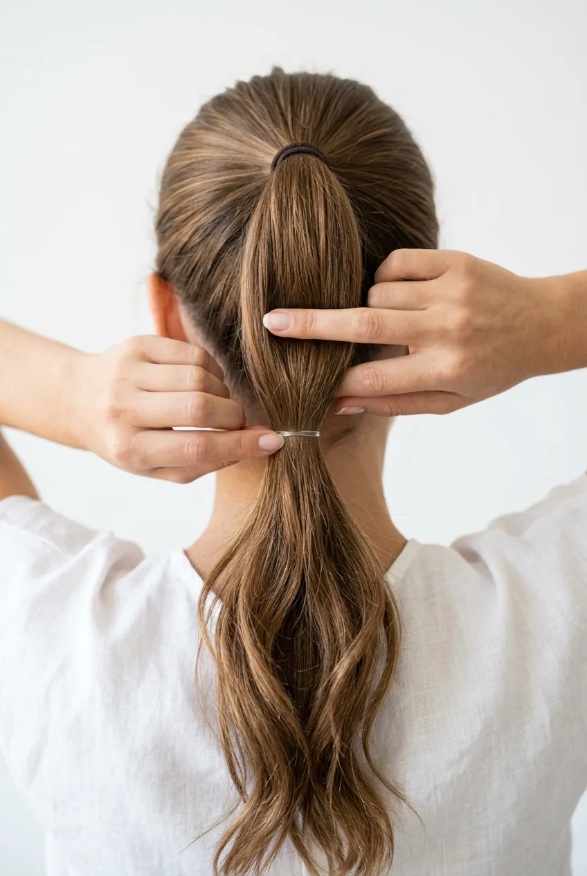 Close-up of fine-tooth comb gently backcombing ponytail section for volume