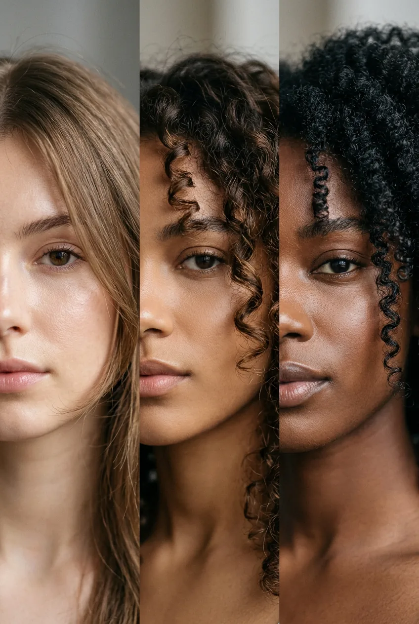 Comparison of face framing layers on different hair textures from fine to thick hair types