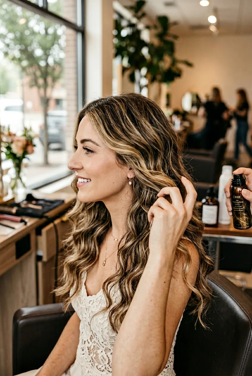 Woman scrunching texture spray through loose waves in side profile salon lighting