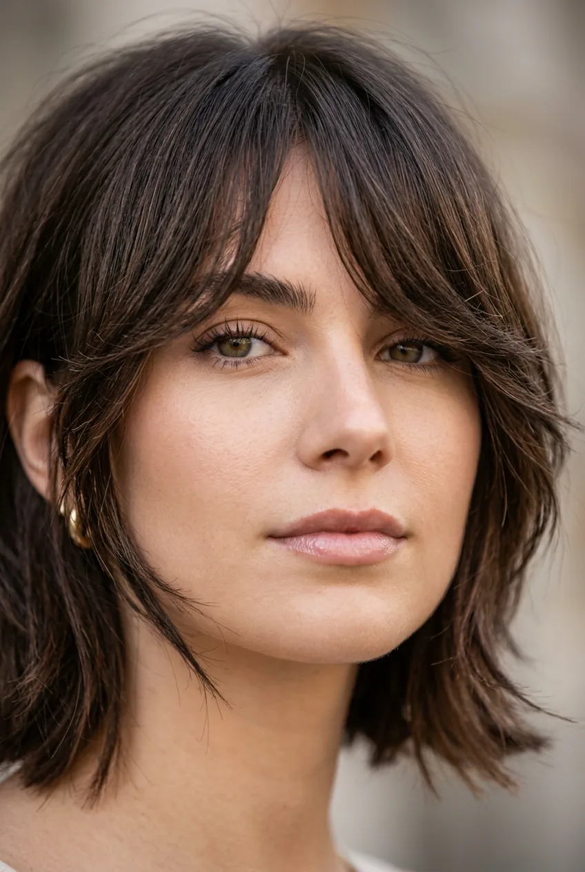 Textured butterfly bangs with piece-y definition styled for long-lasting hold