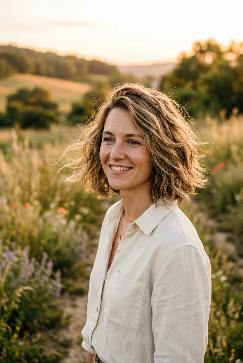 Woman with textured bob haircut at jawline showing natural movement and lived-in waves