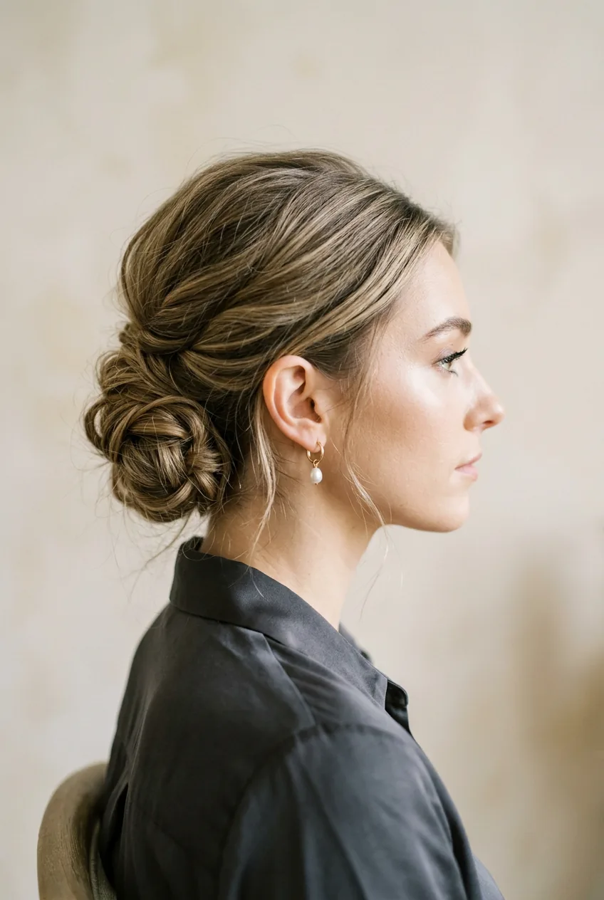 Woman with textured low chignon hairstyle showing gentle volume at crown on fine hair