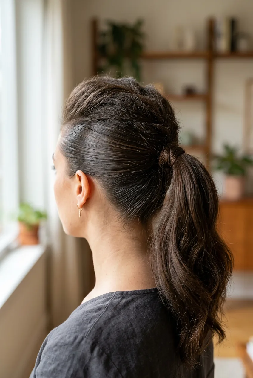 Textured crown ponytail showing subtle volume at roots contrasted with sleek sides
