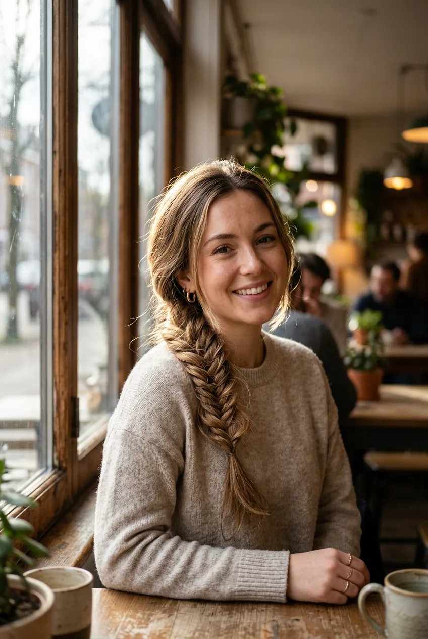 Woman with textured fishtail braid over shoulder showing pulled-apart sections
