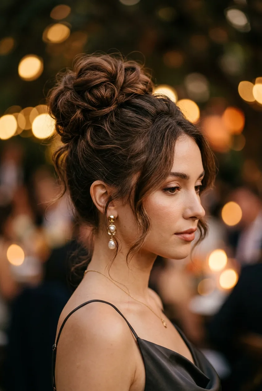 Woman with textured high bun featuring volume at crown and loose face-framing pieces