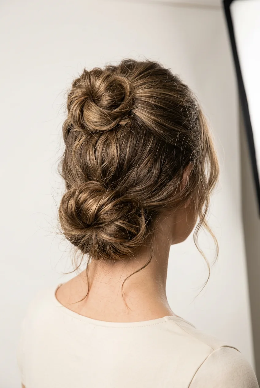 Back view of textured half-up knot style with messy low bun and intentionally loose pieces