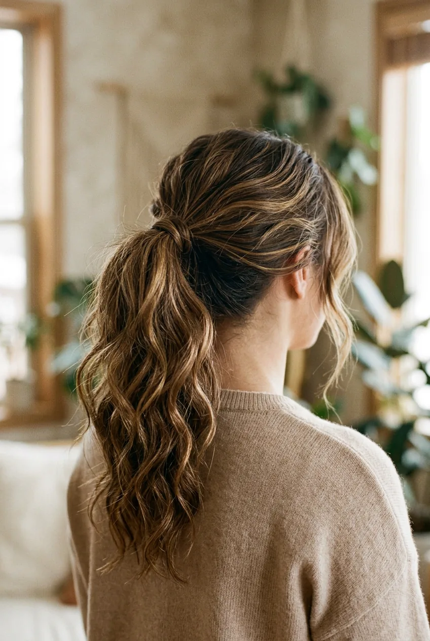 Close-up of textured ponytail with natural wave pattern and piece-y undone finish