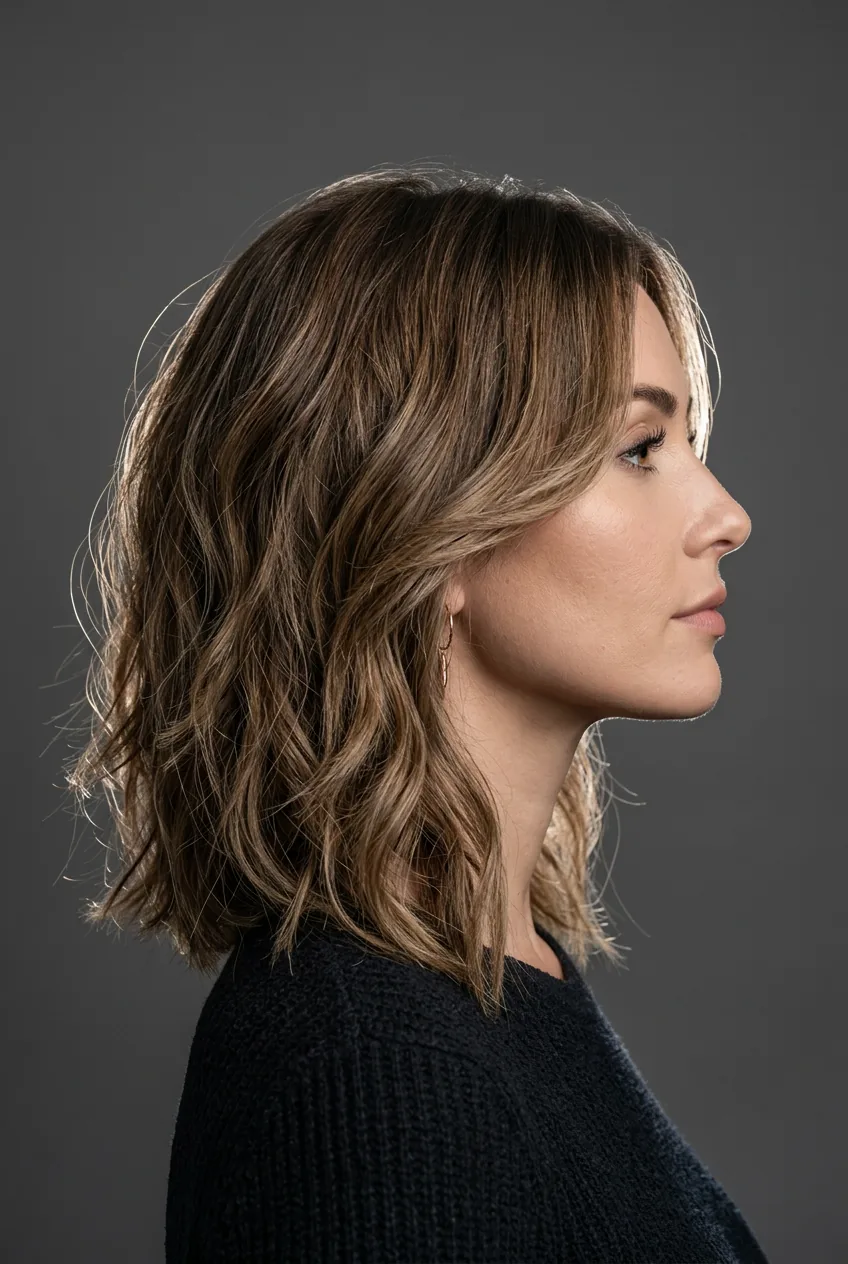 Woman with textured lob haircut displaying face-framing layers and natural movement in side profile