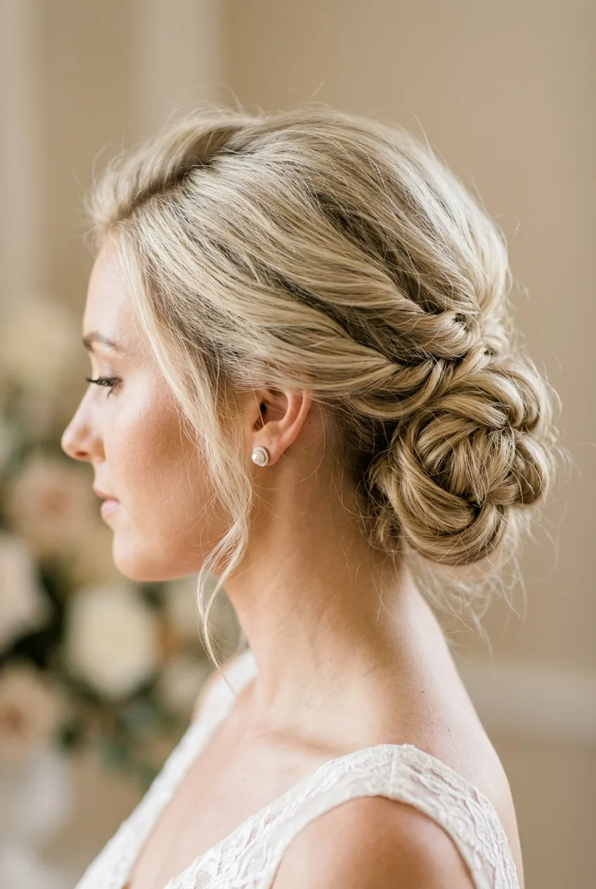 Fine hair styled in textured low chignon with loose sections and crown volume