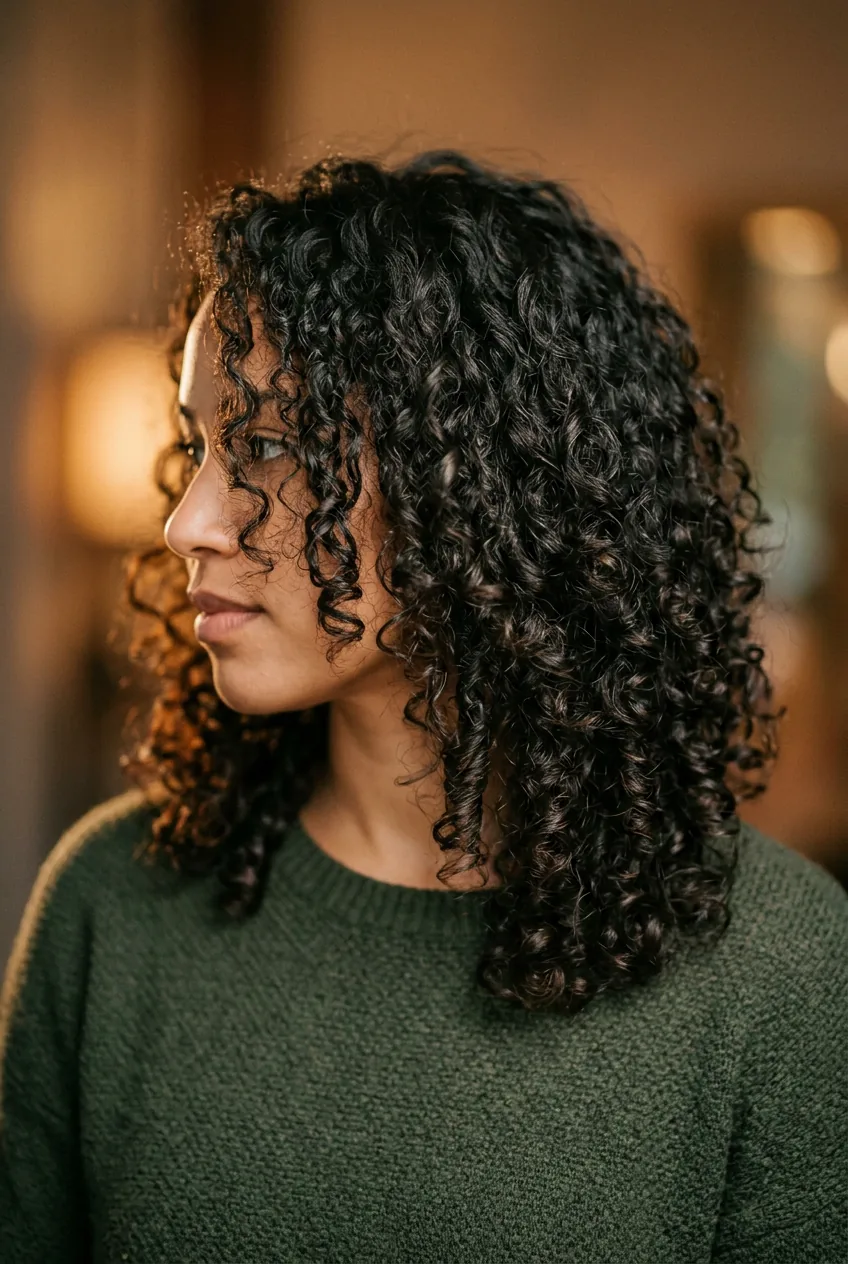 Woman with mixed texture curly hair in shoulder-length textured midi cut with subtle layers