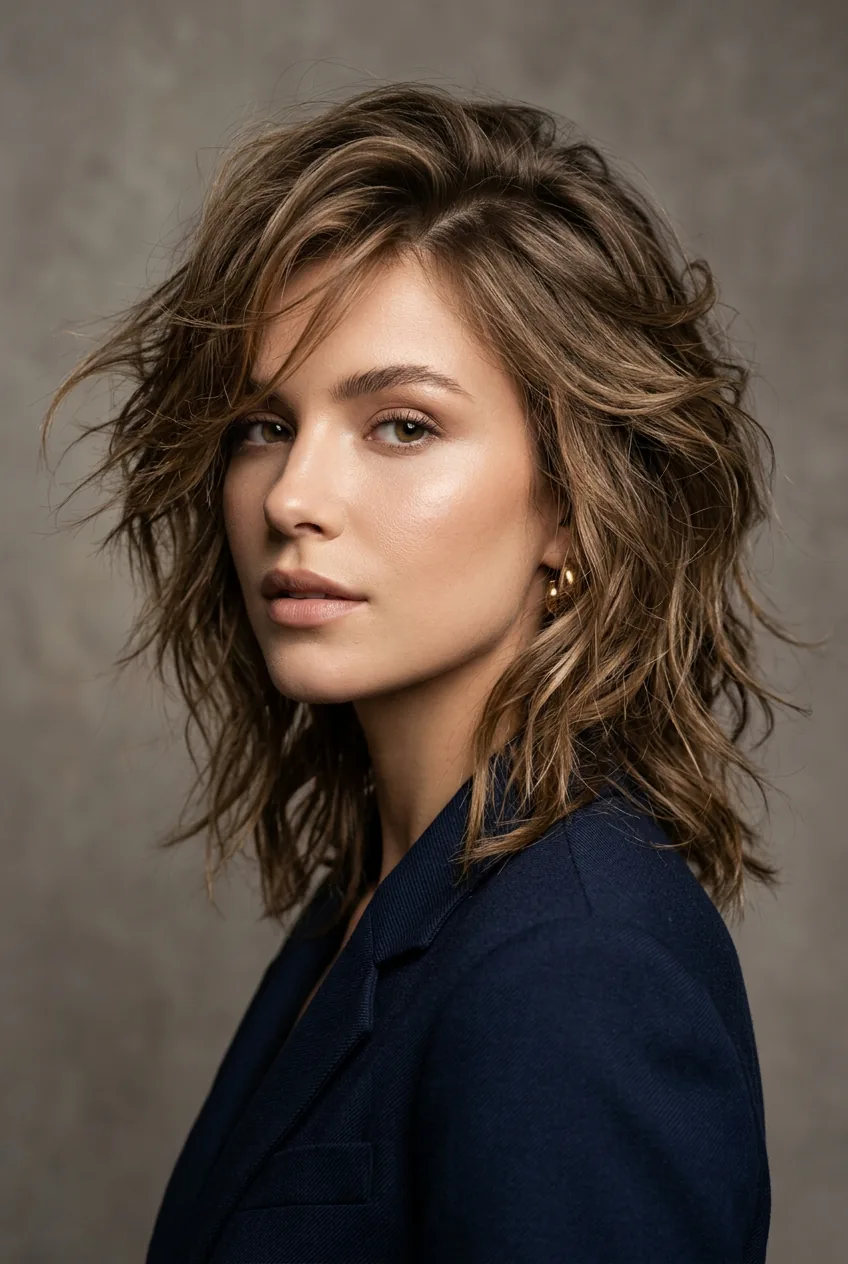 High-fashion beauty shot of complex textured piecey wisps with advanced styling technique