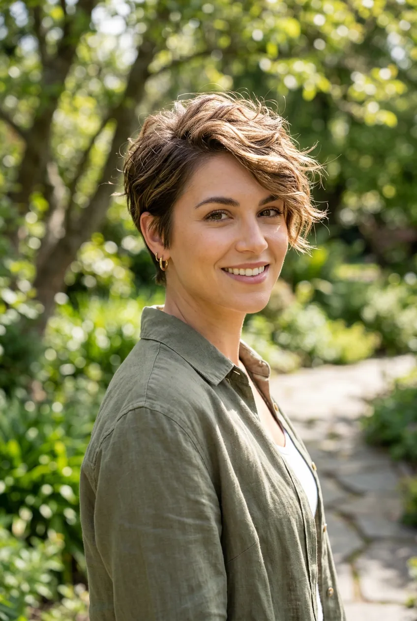 Woman with textured pixie cut styled with piece-y movement and contemporary finish