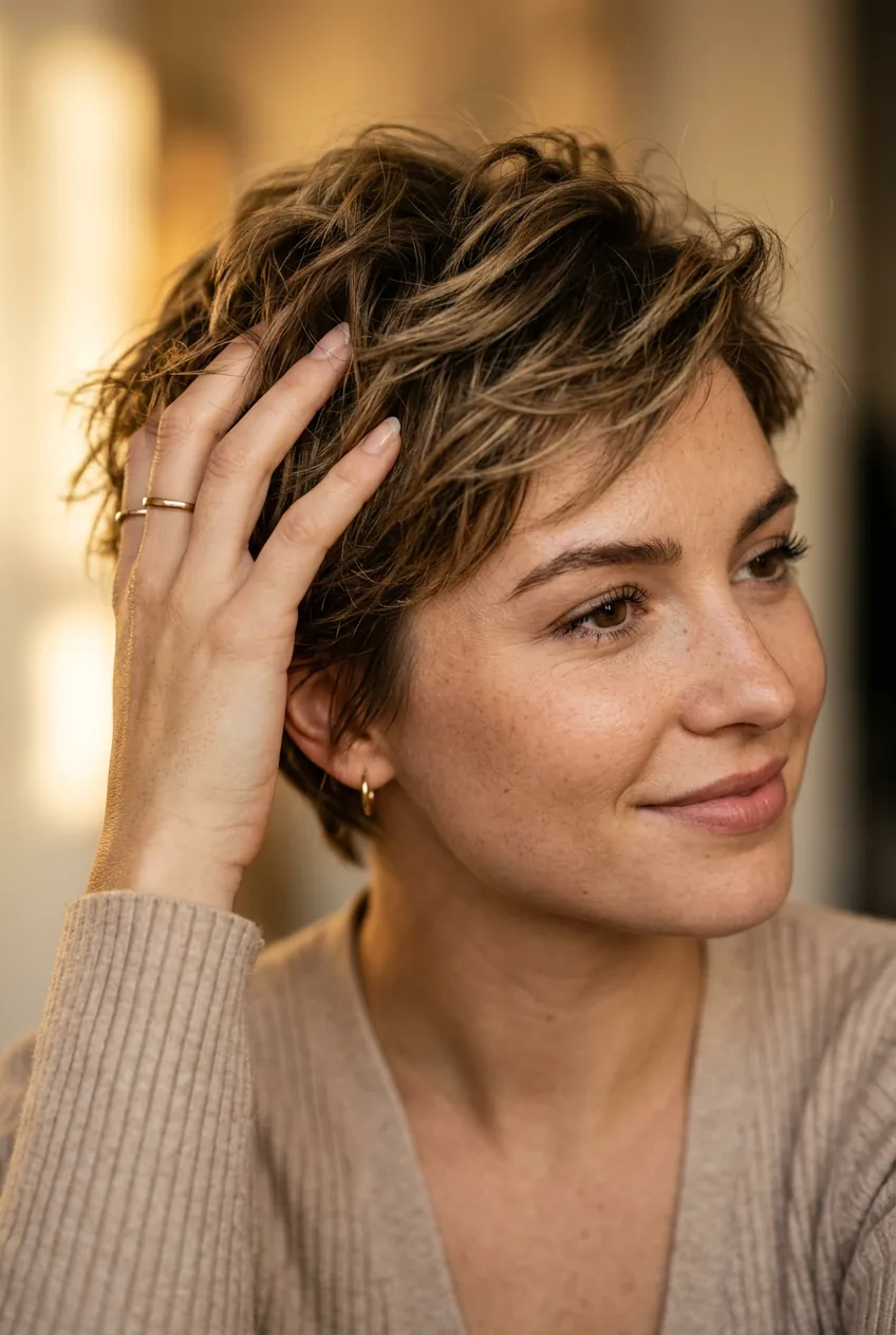 Close-up of woman with tousled pixie cut running fingers through short textured layers