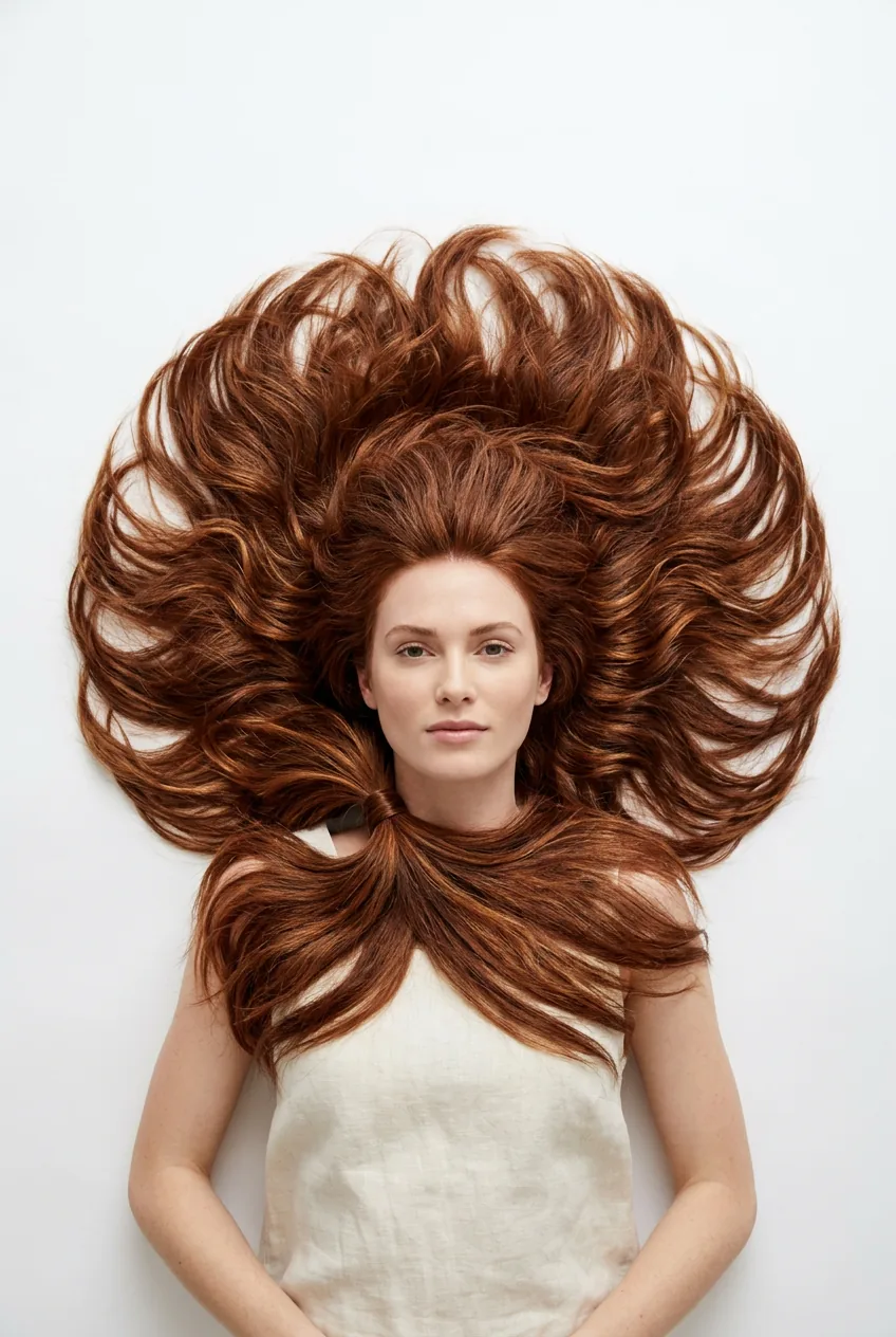 Auburn long hair in textured low ponytail with crown volume from overhead perspective