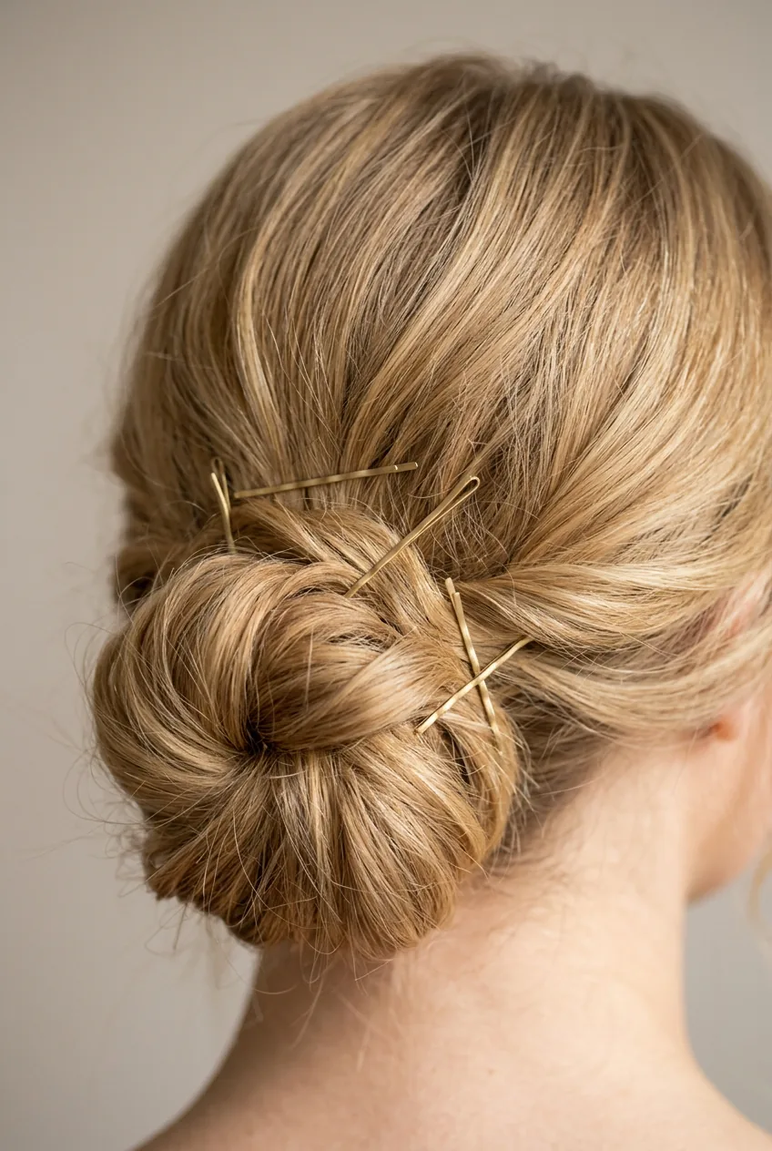 Textured low side bun showing bobby pin placement technique in honey blonde hair