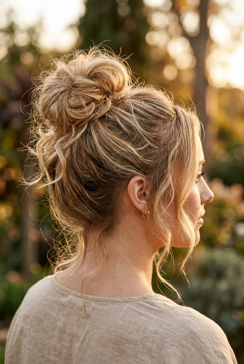 Textured top knot with loose blonde hair and face-framing pieces in golden light