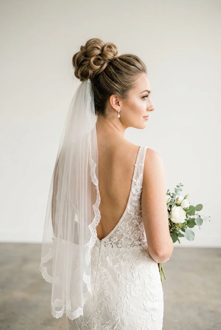 Textured top knot hairstyle with elbow-length veil showing volume and height from back