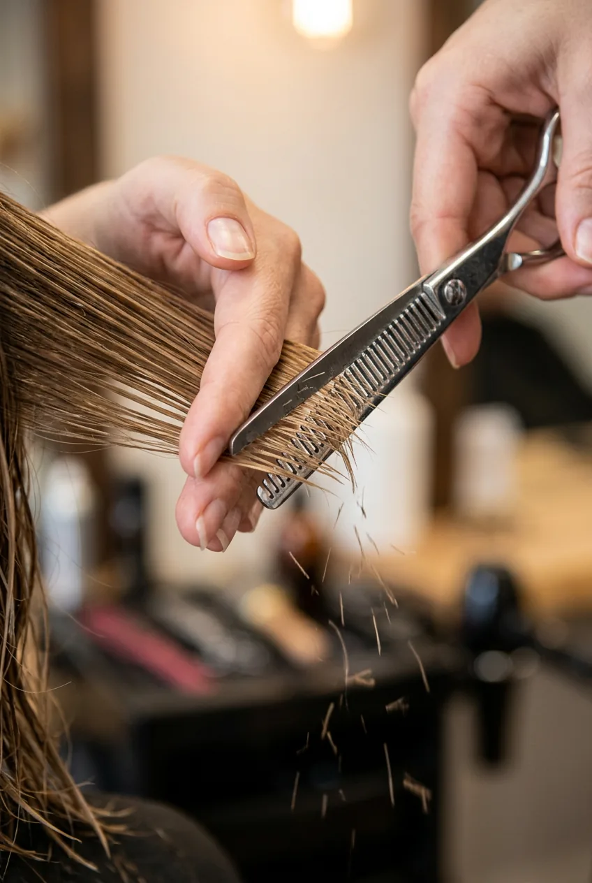 Close-up of thinning shears making angled cuts through layered hair for texturizing