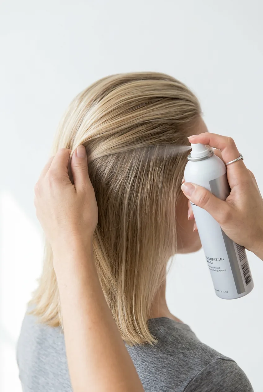 Hands applying texturizing spray to smooth blonde hair gathered for styling