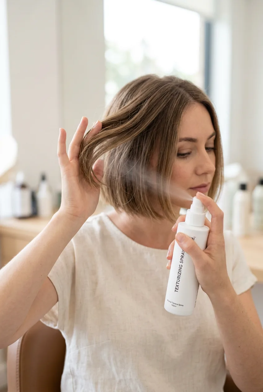 Woman applying texturizing spray to chin-length bob hair for braid preparation