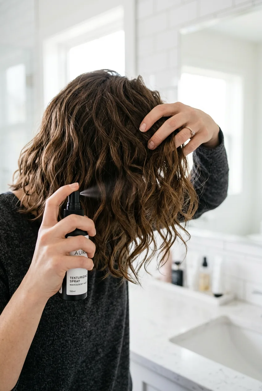 Hands applying texturizing spray to medium length brunette hair during preparation