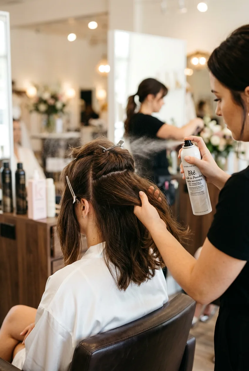 Stylist applying texturizing spray through brown hair sections during wedding preparation