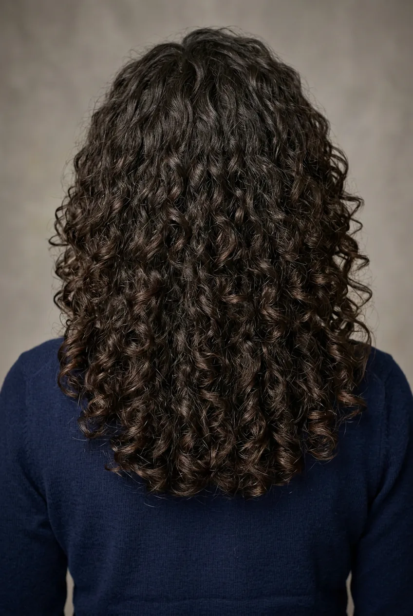 Woman with thick voluminous curls in long layered haircut with layers below chin level