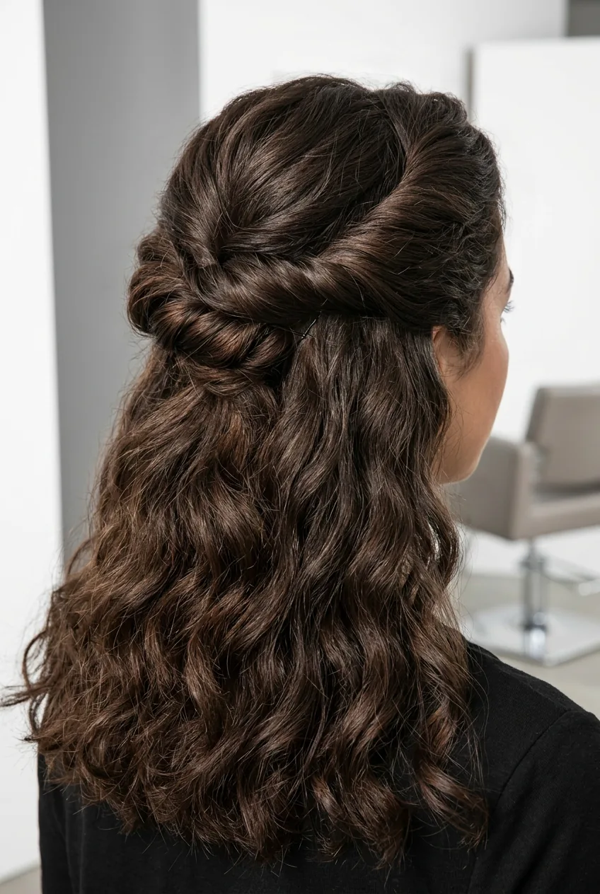 Thick hair styled in voluminous half-up twist showing adaptation to fuller hair types
