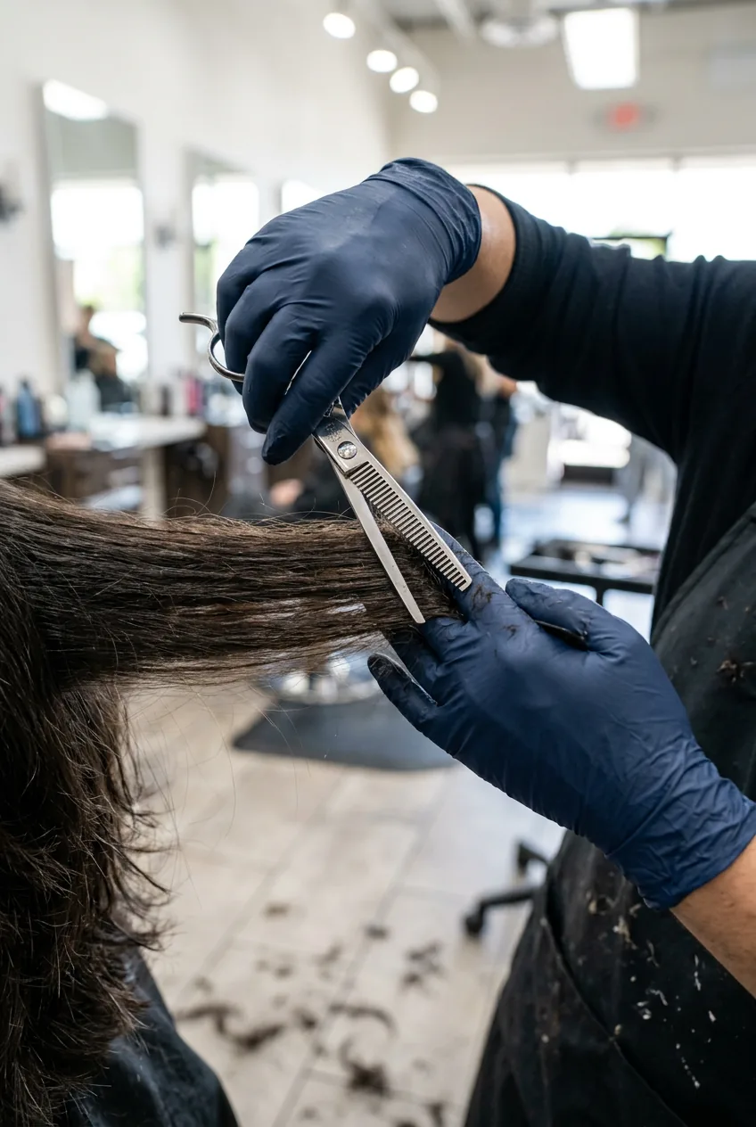 Professional thinning shears held at 45-degree angle against brown layered hair with stylist's gloved hand visible