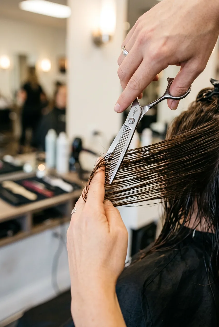 Thinning shears positioned at 45-degree angle cutting hair section showing professional texturizing technique
